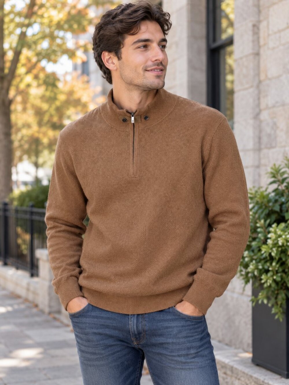 Massimo Dutti Men’s Brown Cotton Cashmere Blend Quarter Zip Sweater Size XL
